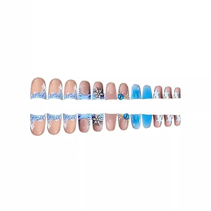Blue Duck Nail Press ons Star Fake Nails Water Drop with Design Spindrift Glue on Nails French Tip Press on Nails Glossy Artificial Acrylic Nail Eye Rhinestone Stick on Nail for Women Manicure 24Pcs