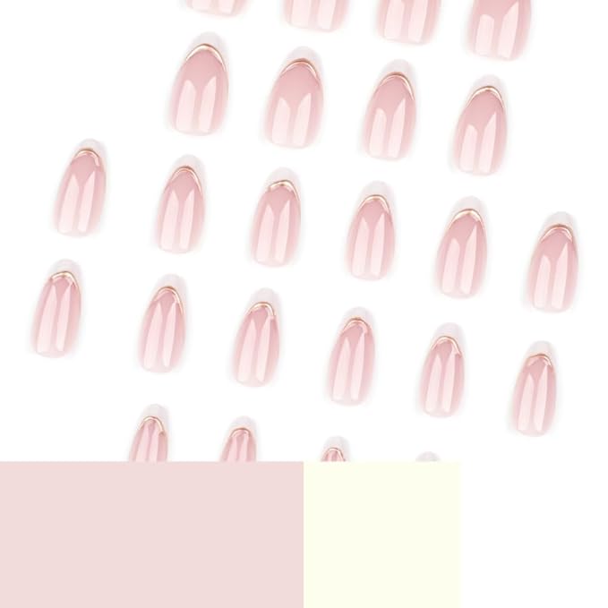 French Tip Press on Nails Short Almond Fake Nails Press ons with Designs Gold False Nails Glue on Nails White French Tips Glossy Full Cover Acrylic Artificial Stick on Nail for Women Manicure 24Pcs