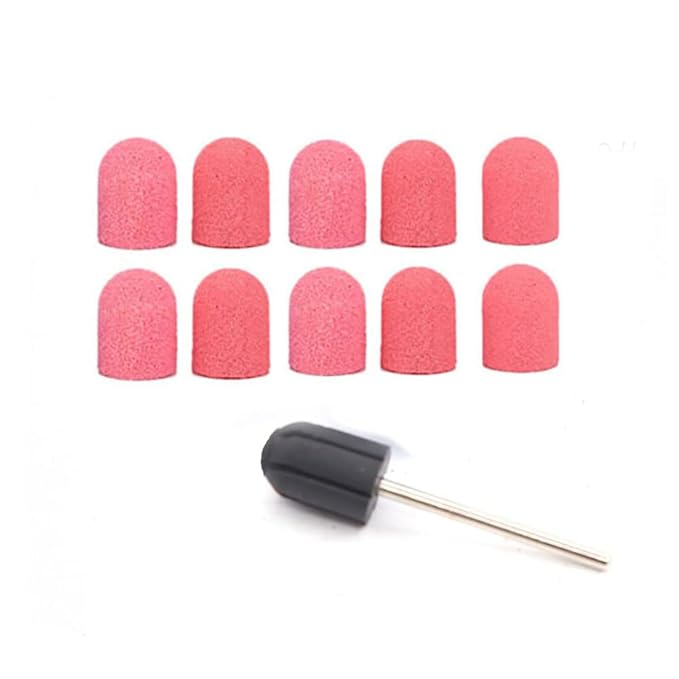 10x Nail Sanding Caps Nail Drill Bits + 1x Rubber Mandrel Grip for Foot File Callus Remover Manicure Pedicure Nail Polishing Burr Home Salon - 10mm*15mm