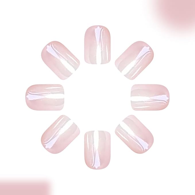 Ombre Glazed Press on Nails Short Square Fake Nails White Chrome Nails Press ons with Design Full Cover Glue on Nail Stick on Nails for Women Manicure,Glossy | Reusable | Glue Tab | Easy Apply | 24Pcs