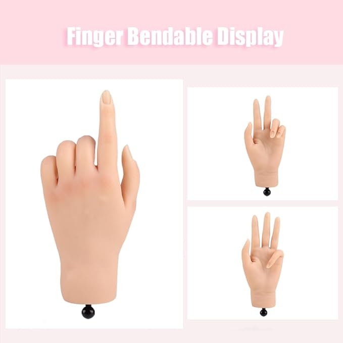 Nail Pratice Training Hand for Acrylic Nails with Stand Bracket,Soft Silicone Maniquin Hand, Flexible Bendable Nail Practice Fake Hand for Nails Art Practice Tool