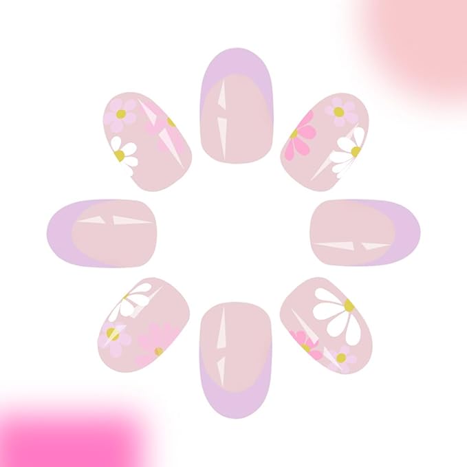 Flower Press on Nails - Short Oval Fake Nails Purple French Tip False Nails Press ons with Floral Design, Glossy Acrylic Nails Full Cover Artificial Glue on Nails for Women Manicure 24Pcs