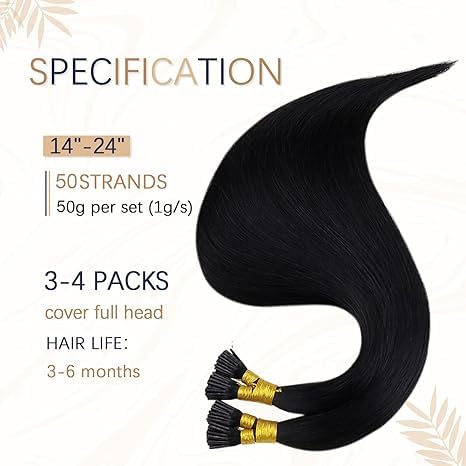 RUNATURE Black I Tip Hair Extensions Human Hair Short Straight Hair Pre Bonded Itip Hair Extensions for Women Real Hair 14 Inch 50G 100 Strands Jet Black