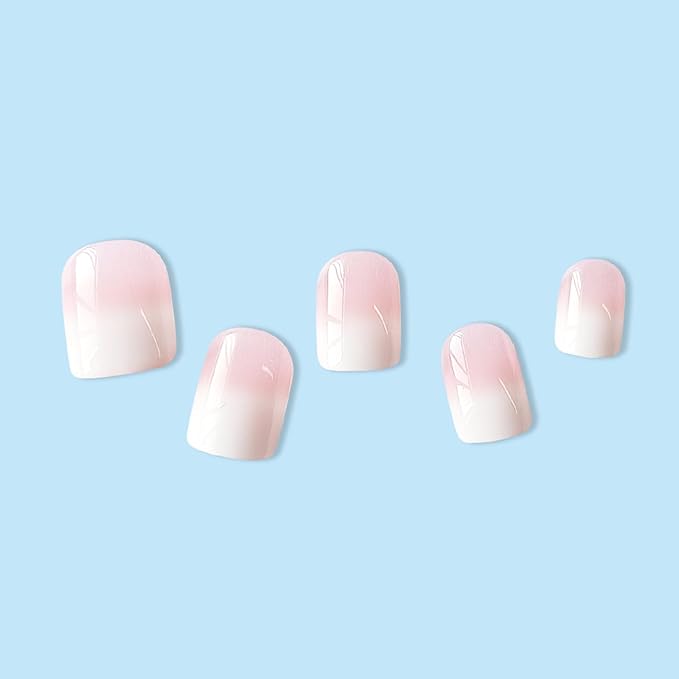 Ombre Press on Nails Short Square Fake Nails Nude False Nails Pink Nail Press ons Full Cover Acrylic Stick on Nails Gradient White French Tip Glossy Glue on Nail for Women Manicure Set 24Pcs