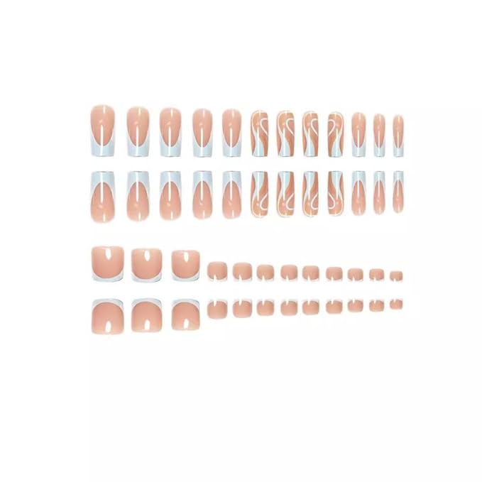 48Pcs Medium Square Press on Nails Blue French Tips Press on Toenails Swirl Fake Nails with Orange Blue Curve Line Design Glossy Skintones Fake Toenails Summer False Nails Kit for Women Girls Manicure