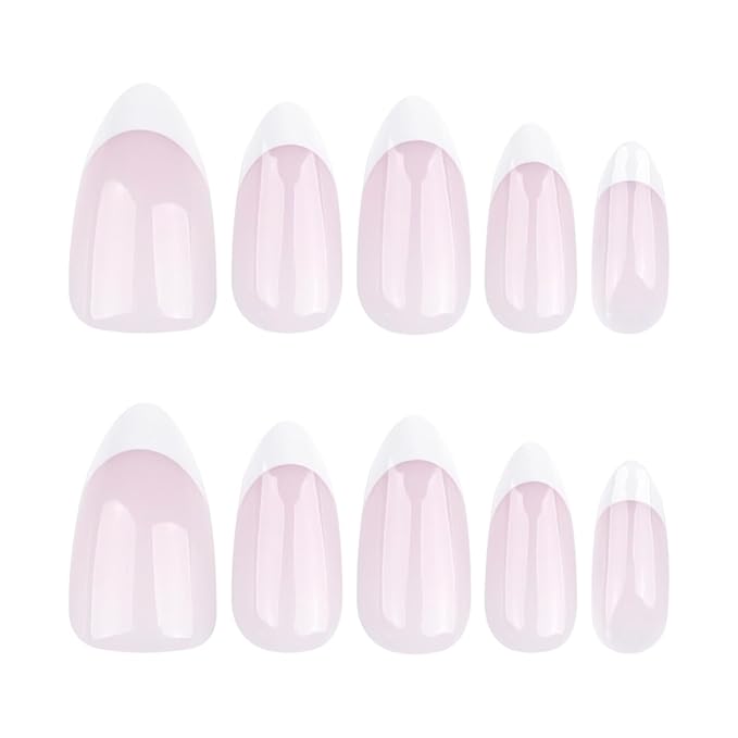 French Press on Nails Medium Almond Fake Nails Milky White Nails Press ons with Design Full Cover Stick on Nails for Women French Manicure,Reusable | Nail Sticky Tabs | Easy Apply | 24Pcs