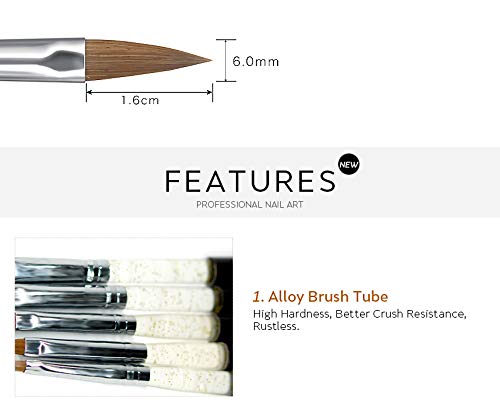 Size 6# Black 100% Kolinsky Sable Acrylic Nail Art Brushes UV Gel Nail Painting Pen Brushes (Size 6)