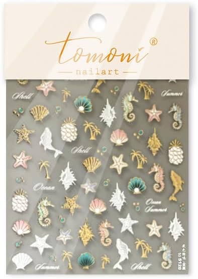Laser Summer Nail Stickers Gold Starfish Pineapple Nail Art Stickers 3D Self-Adhesive White Dolphin Nail Designs 5D Embossed Ocean Pink Shell Nails Supplies for Women DIY 1 Sheet