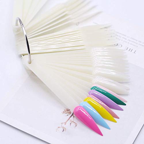 2 Sets 100 Tips Fan Shape Plastic Nail Art Tips Display Polish Board Display Practice Sticks with Metal Split Ring Holder (Natural Color)