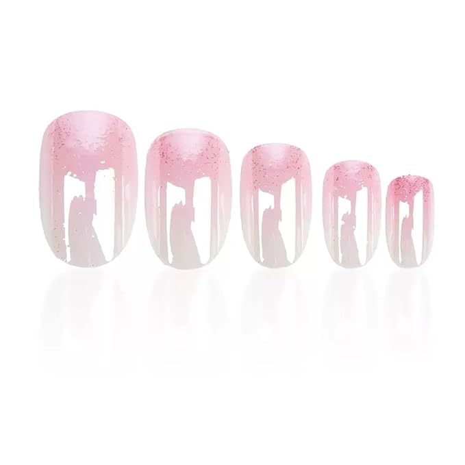 Short Press on Nails Almond - Pink Fake Nails with Ombre Chrome Design - Glitter Glossy Full Cover Stick on False Nails - for Women 24 Pcs