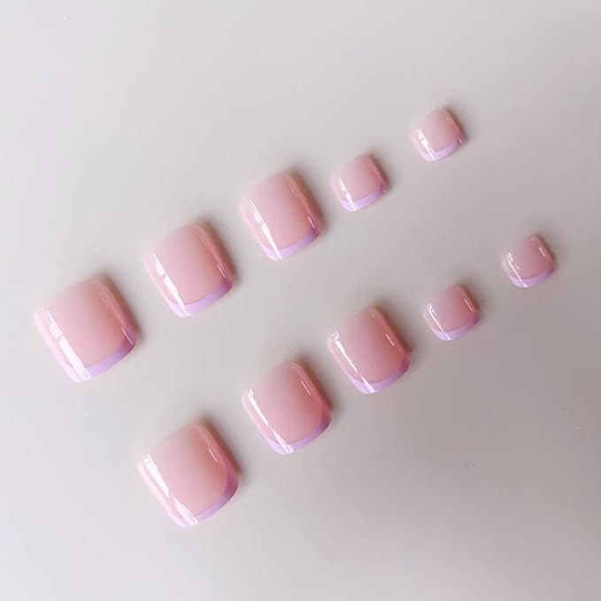 48Pcs Pink French Tips Press on Nails Glossy Pink Press on Toenails Short Square Fake Toenails with Designs Reusable Full Cover False Toenails Glossy Summer Fake Nails for Women Girls Manicure