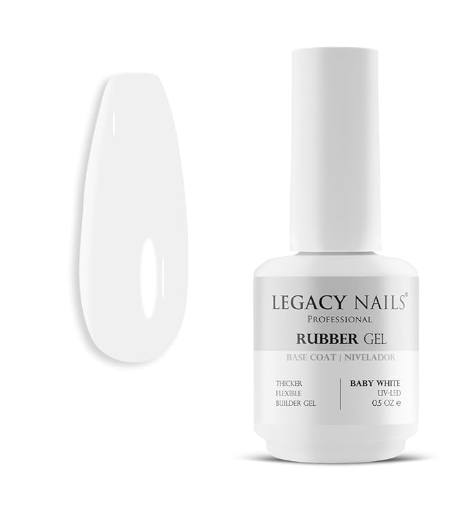 LEGACY NAILS Professional Rubber Gel Base-Coat 0.5 fl oz. Nivelador UV-LED Full Coverage Elastic Thick Flexible Gel Base Coat Builder (BABY WHITE)