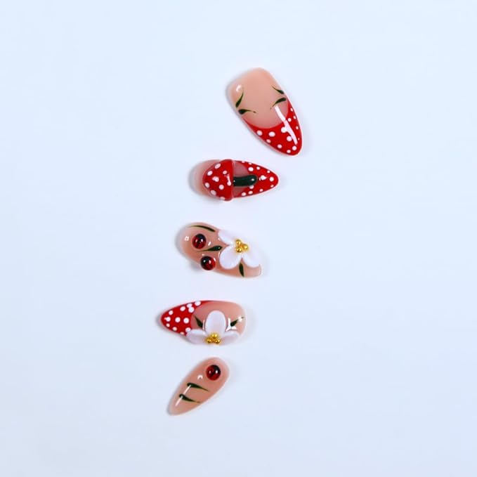 Spring Press on Nails Handmade Medium Length Almond Fake Nails, 3D French Salon Painting Design False Nails, 10 Pcs Reusable ABS Material Nail Tip Artificial Nails for Women (Size L)