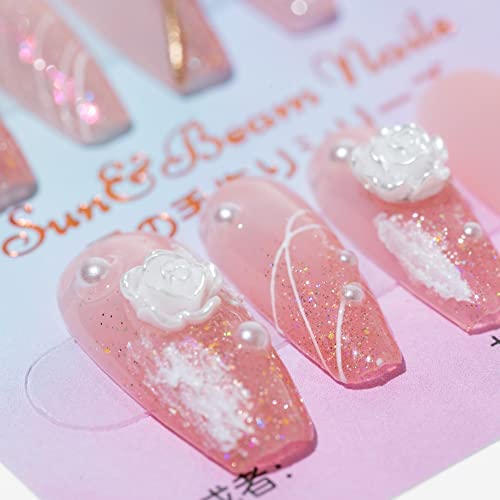 Sun&Beam Nails Handmade Press on Fake Nails Medium Long Nail Tips Popular Design Ballerina Pink 3D Flower Cute Pearl with Storage Box 10 Pcs (002 M)