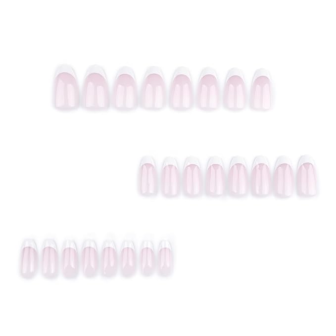 French Press on Nails Medium Almond Fake Nails Milky White Nails Press ons with Design Full Cover Stick on Nails for Women French Manicure,Reusable | Nail Sticky Tabs | Easy Apply | 24Pcs