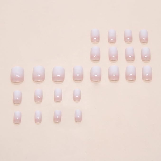 Ombre Press on Nails Short Square Fake Nails Nude White Gradient False Nails Press ons-Reusable Glossy Artificial Nail Full Cover Stick on Nails for Women Manicure 24Pcs