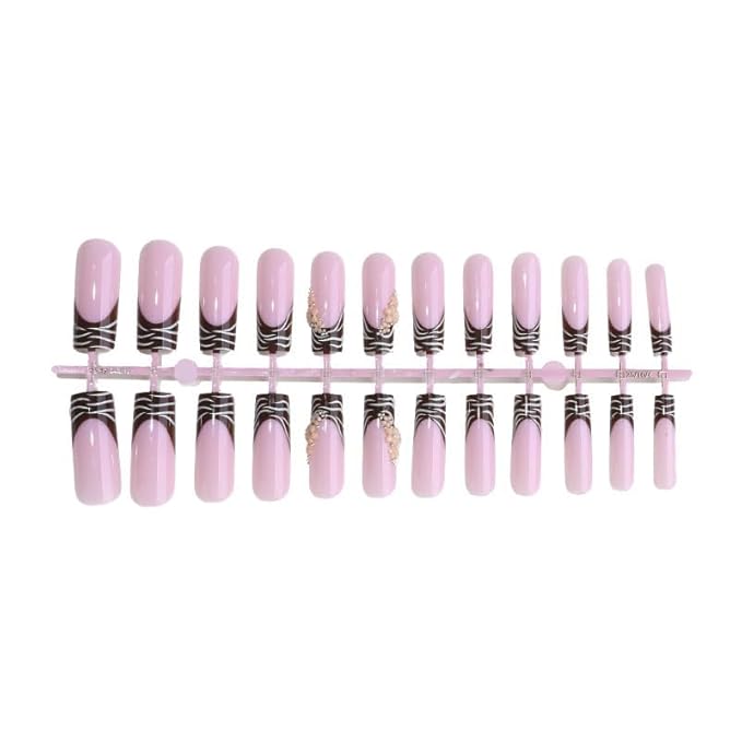 Square Press on Nails Long Brown Stick on Nail Tips Zebra StripeNails Press Ons with 3D Flowers Press on False Nails for Women 24pcs
