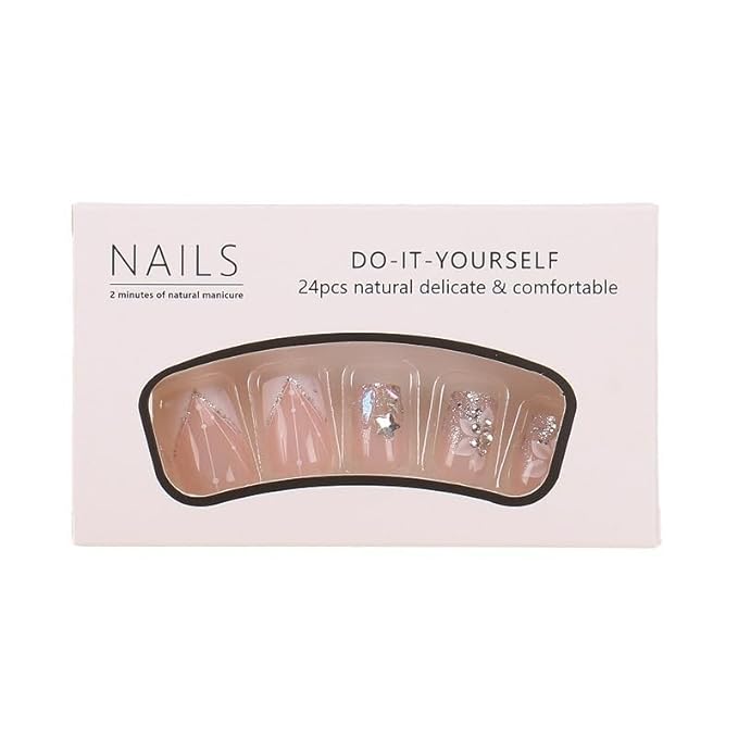 White French Tip Press on Nails Square Fake Nails Medium Length Nails Press ons with Glitter Design Reusable Artificial Nail Full Cover Glue on Nail Stick on Nails for Women Manicure 24Pcs