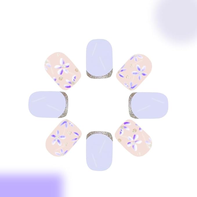Generic Short Press on Nails Mummer Square Acrylic Nails Purple Flower Designs Cute French Tip Artificial False Nails Press ons Reusable Stick on Nails Summer Glue on Nails 24Pcs