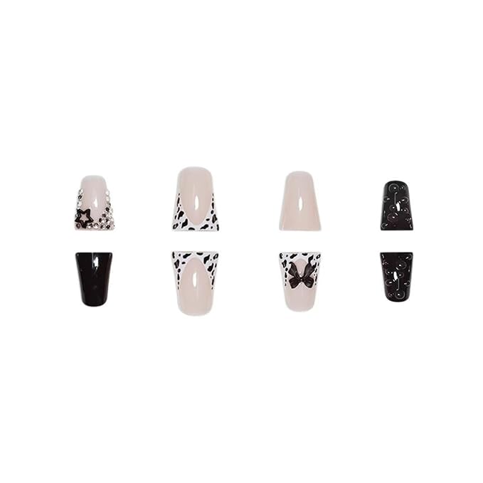 Black Nails Press ons Duck Fake Nails White French Tip False Nail with Star Design Glossy Full Cover Glue on Nail Reusable Artificial Acrylic Bow Stick on Nail for Women Manicure 24Pcs