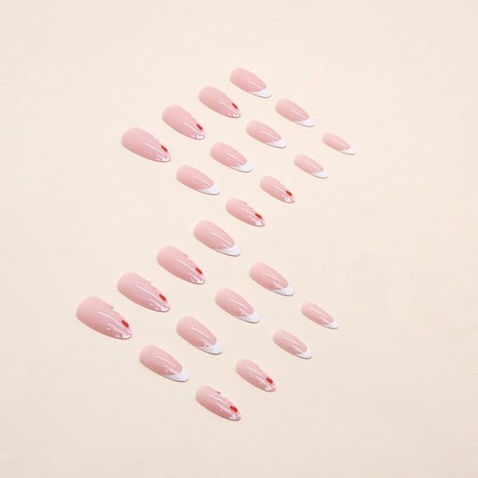Press on Nails Almond - Medium Fake Nails with Pink Red Hearts Design - White French Tip False Nails for Women - 24 Pcs
