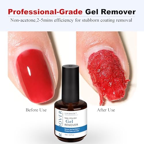 LOUINSTlC Gel Nail Polish Remover-2 x15ml Bottles，Fast 2-5 Min, Acetone-Free, Gentle on Nails, No Foil/Soak, includes 2 Tools for DlY & Professional Use
