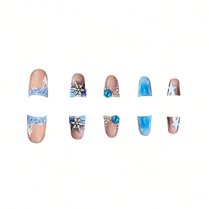 Blue Duck Nail Press ons Star Fake Nails Water Drop with Design Spindrift Glue on Nails French Tip Press on Nails Glossy Artificial Acrylic Nail Eye Rhinestone Stick on Nail for Women Manicure 24Pcs