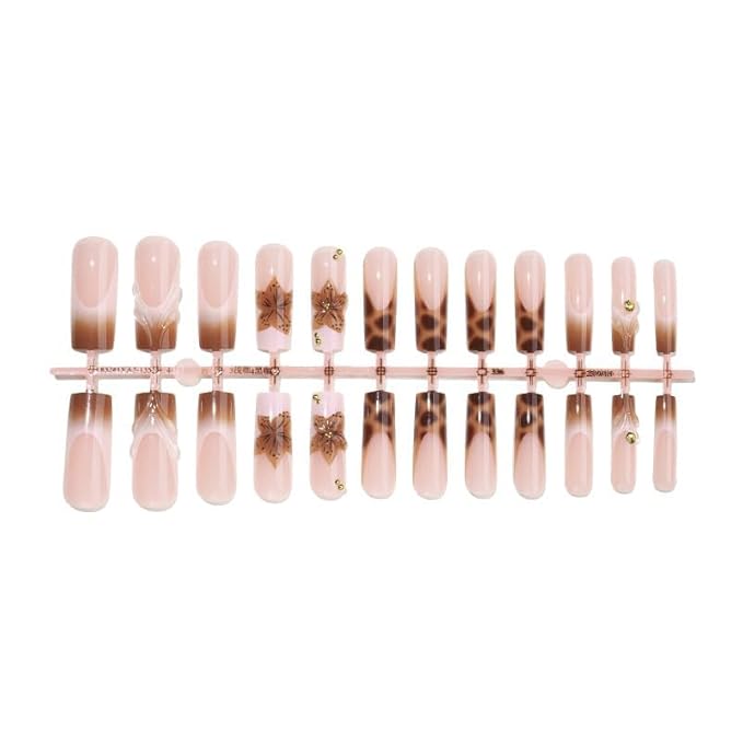 Square Press on Nails Long Brown Stick on Nail Tips 3D Embossed Flowers with GoldCharms Press on False Nails for Women 24pcs