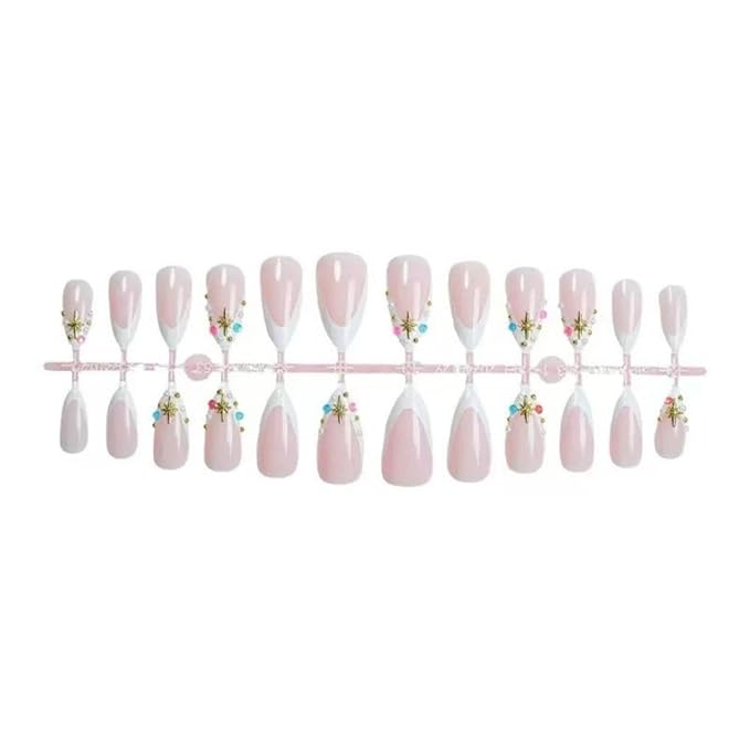 Press on Nails - Medium Almond Glue on Nails - Colorful Rhinestone Design Gold Star False Nails French Tip Stick on Nail Glossy Summer Fake Nail for Women Manicure 24Pcs