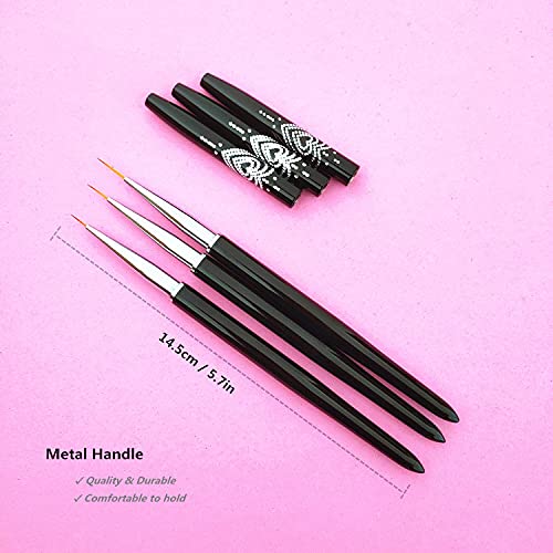 Nail Art Liner Brushes, 7mm/9mm/11mm UV Gel Painting Nail Art Design Brush Metal Handle Nail Drawing Pens (3PCS, Black)