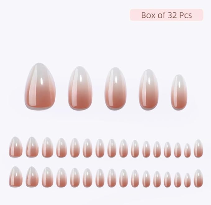 Press On Nails - Café Latte | Chrome Ombre French Tip, UV Finish Almond Nails, Salon Quality | 32 Nails, 16 Sizes Kit with Glue and Adhesive Tabs I Female Founded