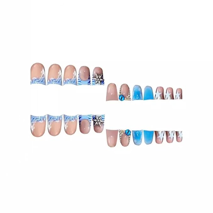Blue Duck Nail Press ons Star Fake Nails Water Drop with Design Spindrift Glue on Nails French Tip Press on Nails Glossy Artificial Acrylic Nail Eye Rhinestone Stick on Nail for Women Manicure 24Pcs