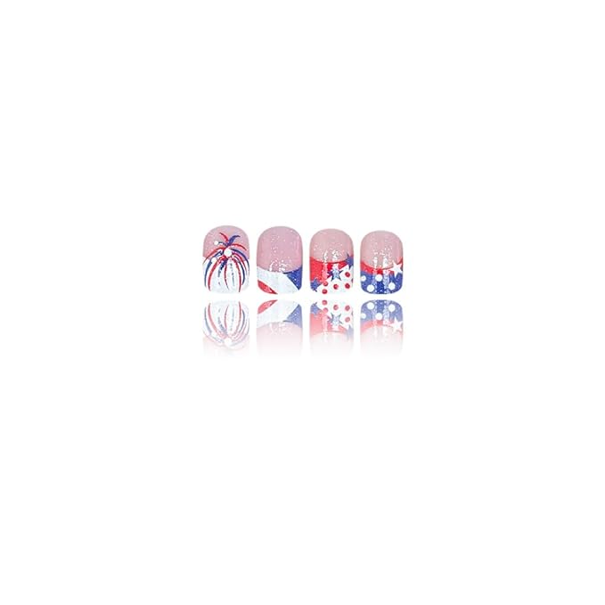 24Pcs Independence Day Press on Nails Short Square Fake Nails with Fireworks Designs French Tip Nails Press ons Full Cover Glossy Stick on Nails Polka Dot Glue on Nails for Women 4th of July