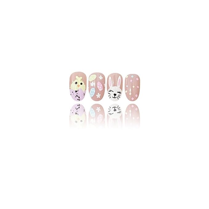 Easter Cute Rabbit Press on Nails Short Almond Fake Nail Bunny & Easter Eggs Designs Full Cover Cartoon Chick Acrylic Nails Stick on Nail for Women Nail Art Style Fingertip Manicure 24 Pcs
