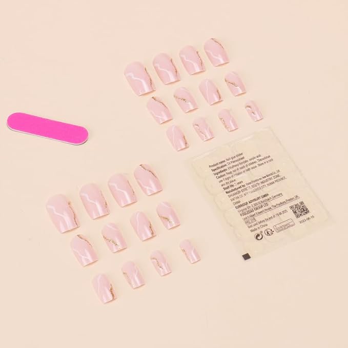 Light Pink Press On Nails - Short Square Glossy Fake Nails with White Gold Glitter Swirl Wave Designs - Reusable Artificial Nails Full Cover Glue on Nail Stick on Nails for Women Manicure 24Pcs