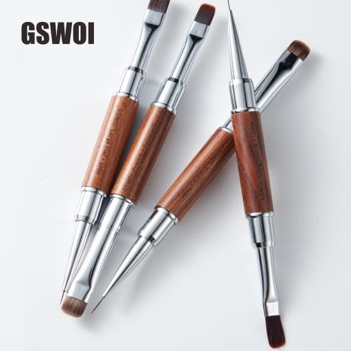 Dual Head Acrylic Nail Brush-Large Flat & 6mm Liner for Builder Gel,Polygel & Design-Wood Handle & Metal Caps