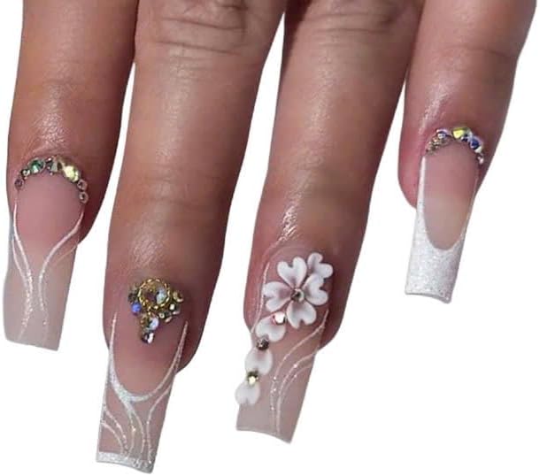 Set White 3D Flowers for Nails, Handmade 3D Acrylic Flowers for Wedding Nails, Valentine Flower Nail Charms Rhinestones Gems by Acrylic Powder Design Deco Nail Art Women Girls (White Heart)