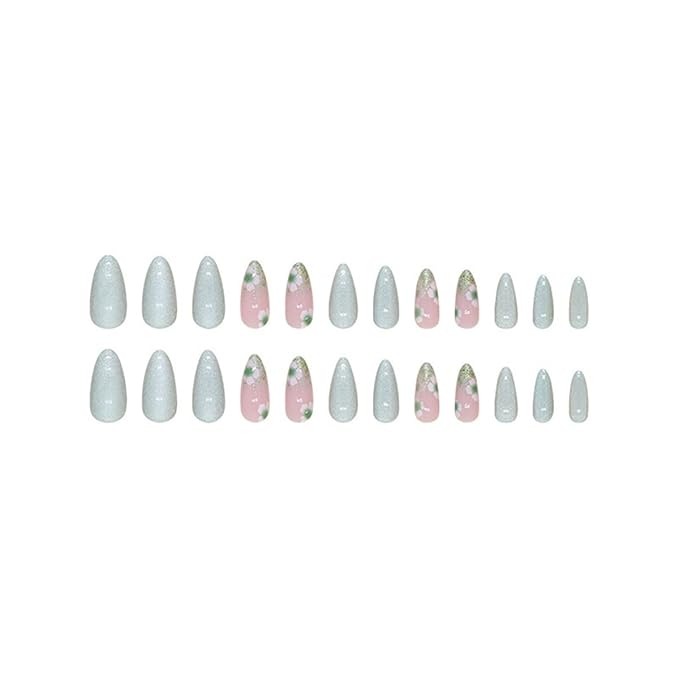 Almond Press on Nails Medium Green With Cute Flower Design - Full Cover Glossy Acrylic for Christmas - 24Pcs Artificial Manicure Set for Women