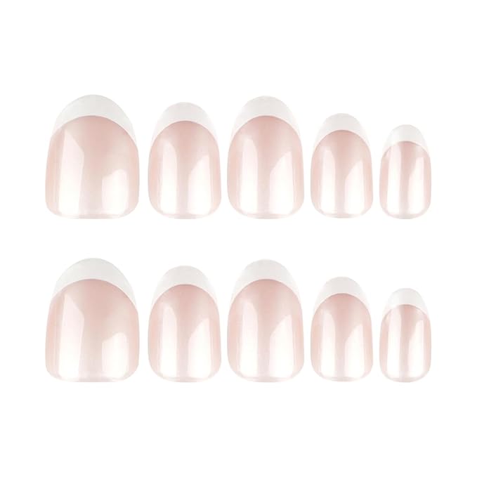 Pearl Glossy Press on Nails Short Oval Fake Nails French Nails Press ons with Design Full Cover Stick on Nails for Women Manicure,Reusable | Artificial | Nail Sticky Tabs | Easy Apply | 24 Pcs