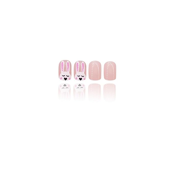 Easter Press on Nails Short Square Fake Nails Cute Bunny Pink Flower Garland Designs Glossy False Nails Easter Day Nail Art Decorations Full Cover Acrylic Nails for Women Nail Art Manicure 24 Pcs