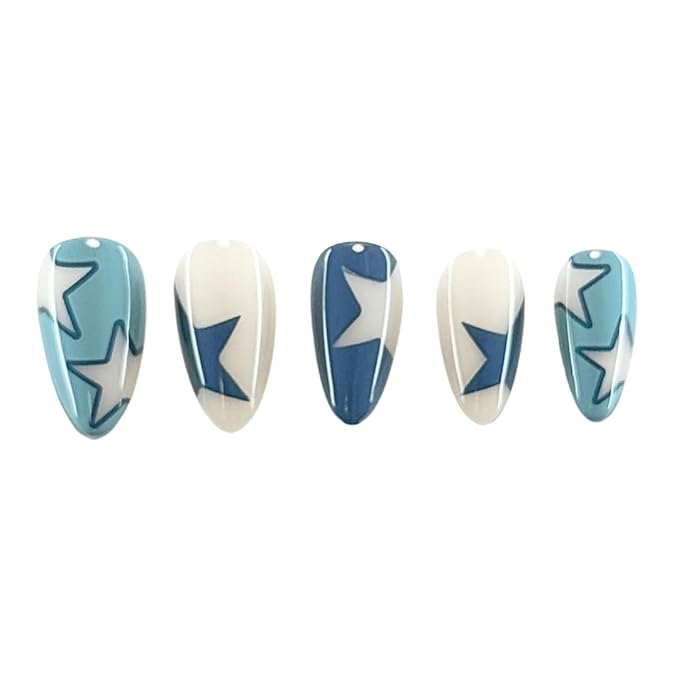 Maniology Press-On Nails Supernova | Short Almond Shape Nail Tips – Light Blue Colored Star-Themed Design, Reusable, Durable & Easy Application, 30-Piece 15 Sizes False Nails Kit