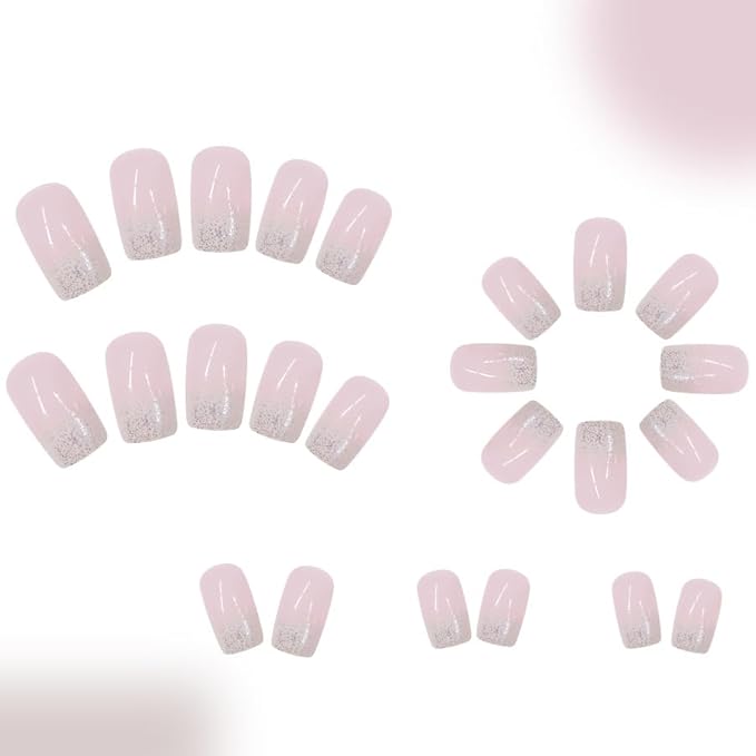 White Gradient Glitter Press on Nails Short Square Fake Nails Nude Glitter False Nails Full Cover Nude Sparkly French Glossy Acrylic Nails for Women and Girls DIY Manicure Decoration 24Pcs