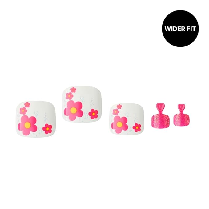 GoldFinger Trendy Press On Fake Toenail Kit Wider Fit, Cute Flower Print & High Pigment Pink Color, Ready to Wear Gel & Manicure Stick, Mini Glue included, Long-Lasting Convenient & Easy to Apply