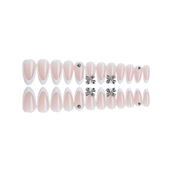 White French Tip Press on Nails Medium - Almond Fake Nails with Silver Bow Design - Glossy Full Cover Stick on False Nails for Women 24 Pcs