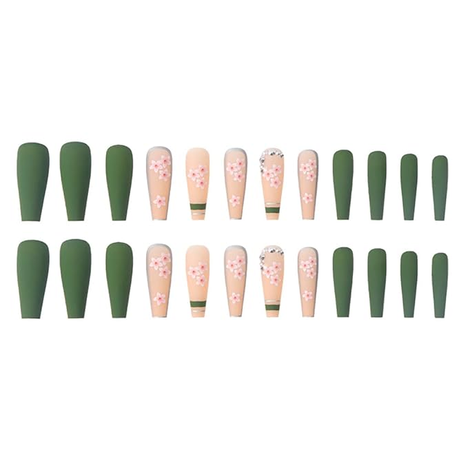 RikView Long Press on Nails Coffin Fake Nails with Flower Design Green Nails for Women and Girls