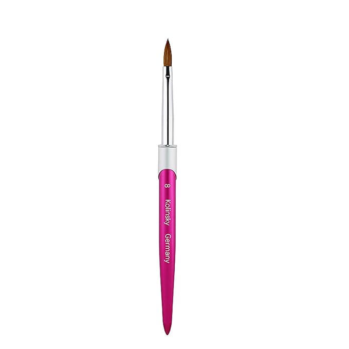 Acrylic Nail Brush Size 8#, 100% Pure Kolinsky Hair Acrylic Crystal Hot Red Pink with Silver Ferrule Round Shaped for Women Girls Manicure Tools Accessories