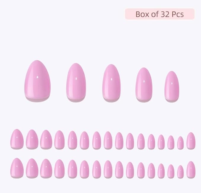 Press On Nails - Pretty In Pink | Pink Medium Almond, UV Finish, Reusable | 32 Nails, 16 Sizes Kit with Glue and Adhesive Tabs I Female Founded
