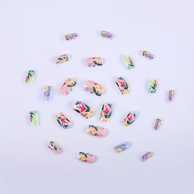 Square Press on Nails Purple Flower Nails Press ons Medium Floral Leaf False Nails Spring Glue on Nail Glossy Full Cover Stick on Nail Reusable Acrylic Fake Nails for Women Girls 24Pcs