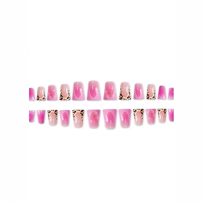 Leopard Print French Tip Press On Nails Pink Fake Nails Medium Duck False Nails with Design Flower Glossy Stick On Nails for Women Reusable Artificial Acrylic Full Cover Manicure 24Pcs