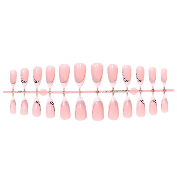 French Tip Press on Nails Medium Almond Fake Nails with Leopard Stripes Line Designs False Nails Nude Reusable Artificial Acrylic Nail Glossy Full Stick on Nails for Women Girls Manicure Deco
